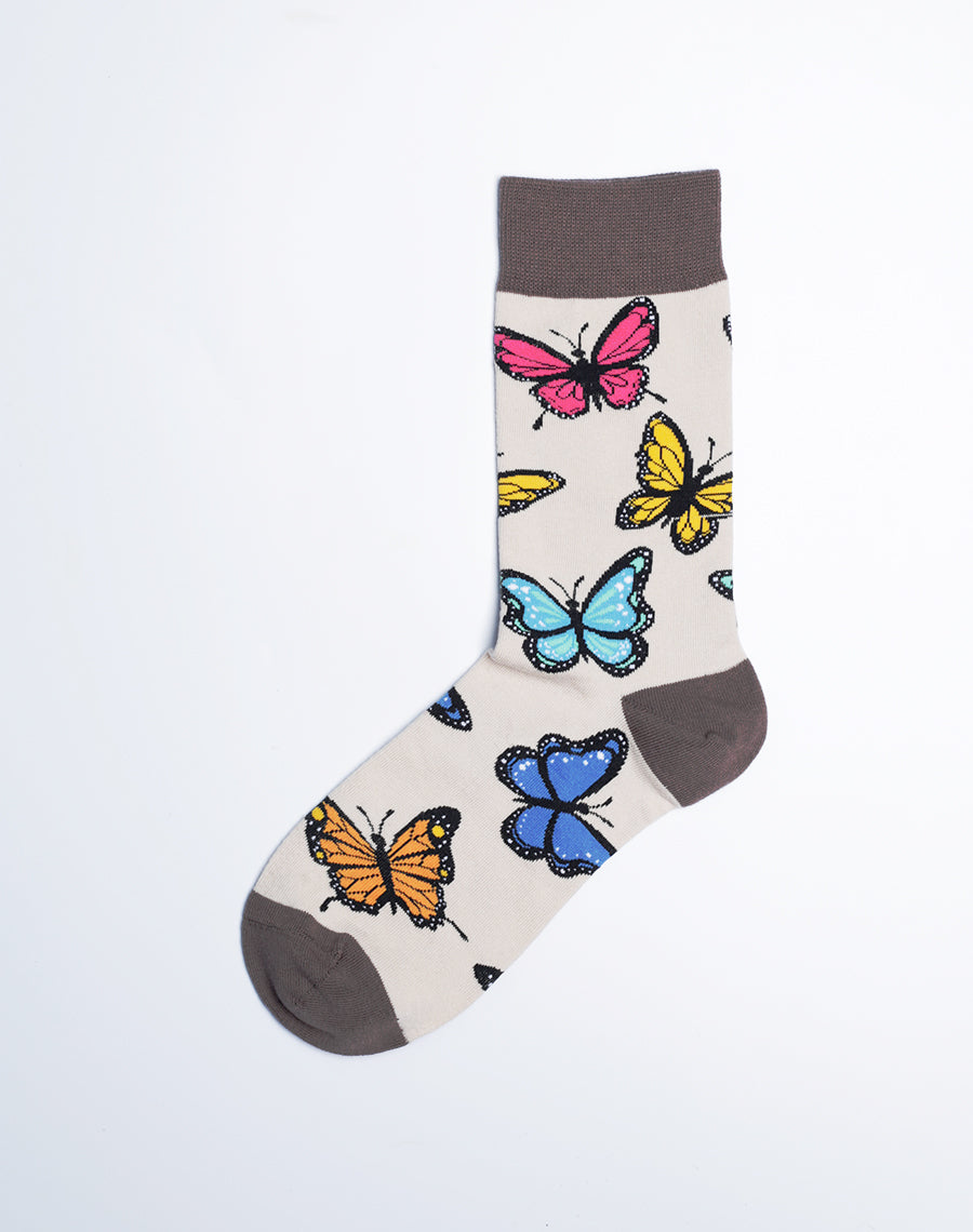 Women's Bunches of Butterflies Crew Socks - Beige Color Cotton Made Socks
