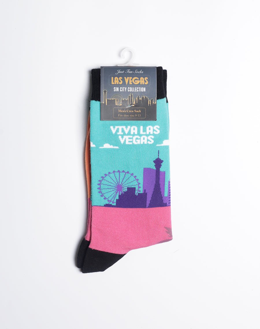 Unique Las Vegas skyline socks with a fun and artistic blend of turquoise, orange, and purple shades.