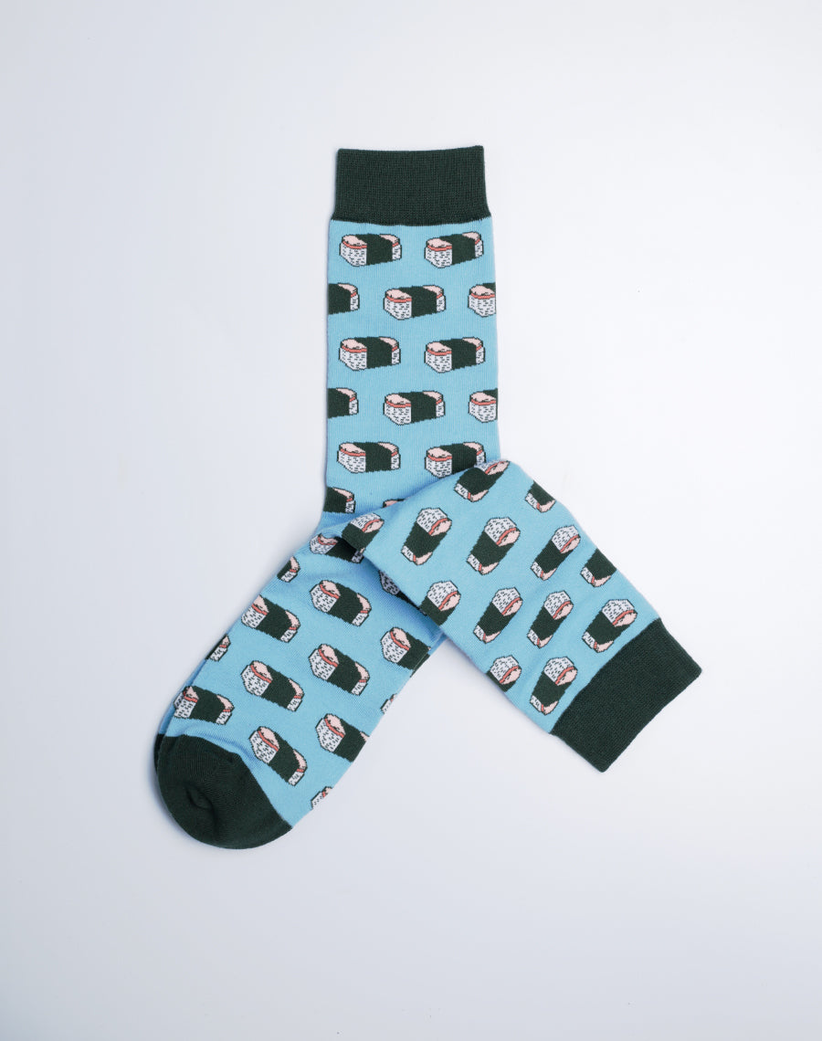 Men's Spam Musubi Hawaii Crew Socks - Just Fun Socks - Blue Color 