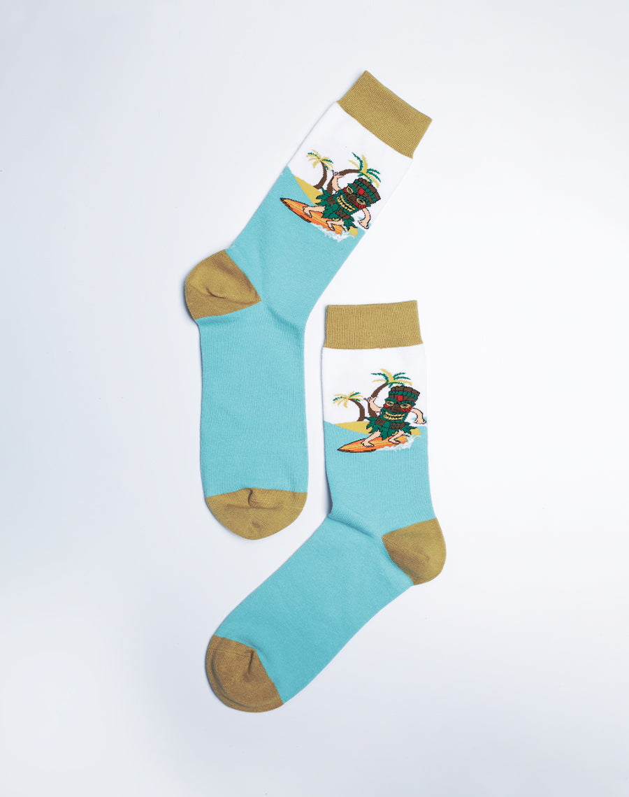 Blue White Cotton Made Crew socks for Men - Surfs Up Tiki Tribal Mask Printed Socks