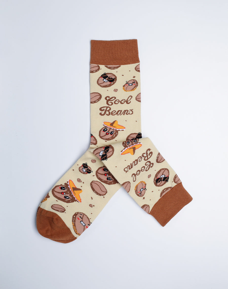 Cool Beans Funny Crew Socks for Men - Cotton Made Brown Beige Color