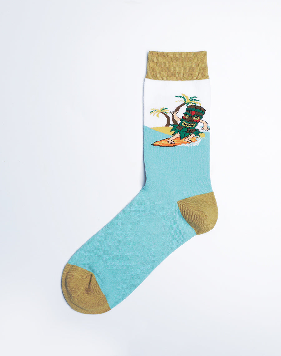 Man Surfing with a Tribal Mask on Tropical Blue Ocean - Surfs Up Tiki Cotton Made Socks