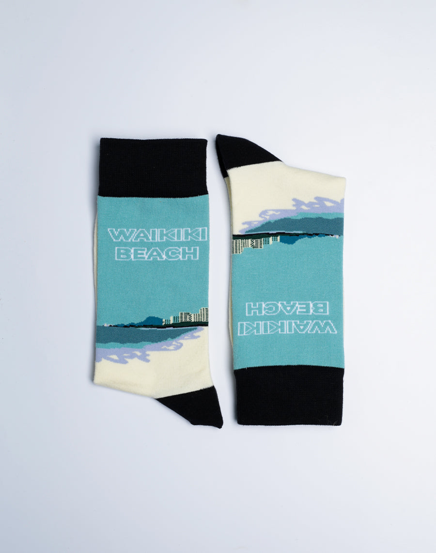 Men's Waikiki Beach Blue Color Hawaii Crew Socks - Cotton made Printed Socks