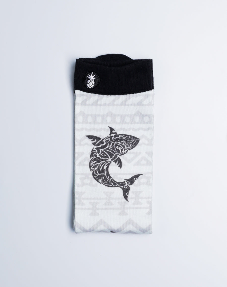 Cotton Made Premium Quality White Color Tribal Shark Printed Socks