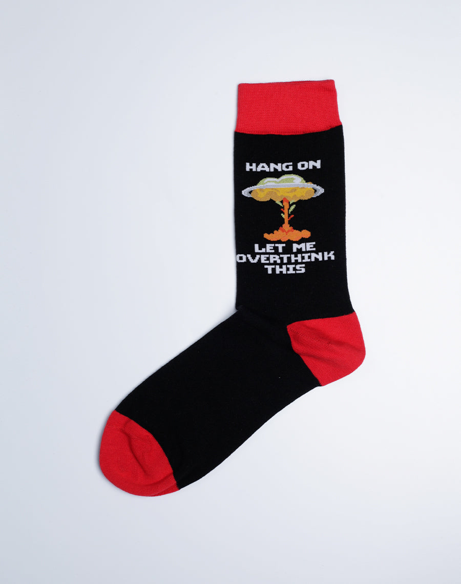 Funny Socks with Sayings - Red Black Color Cotton made Overthinking Silly Crew Socks