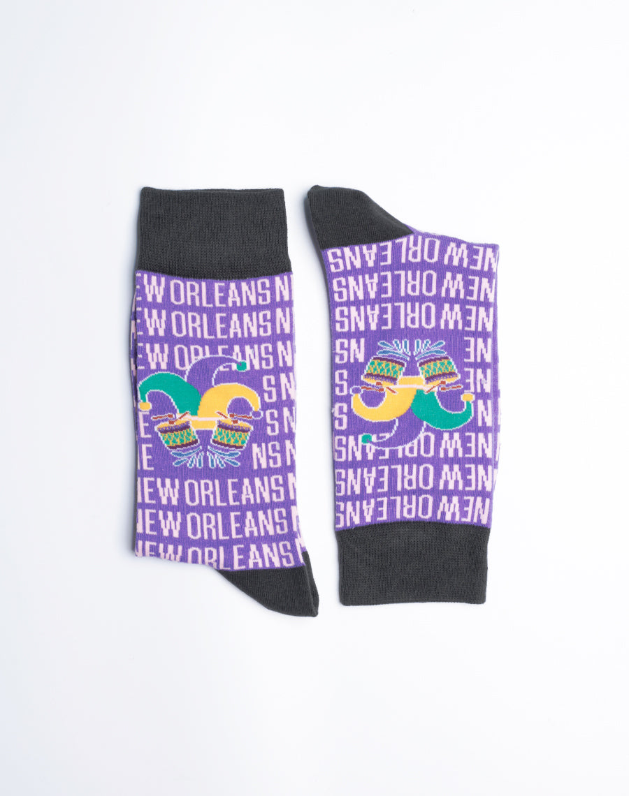 Men's New Orleans Jester Drum Crew Socks - Cotton made Purple Color Funny Socks 