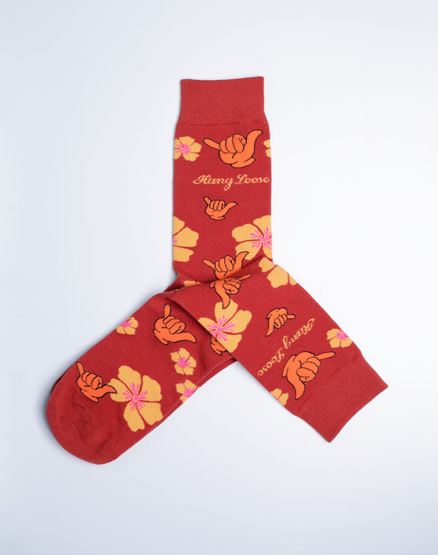 Casual Crew Socks - Shaka Floral Hang Loose Red Socks - Cotton Made