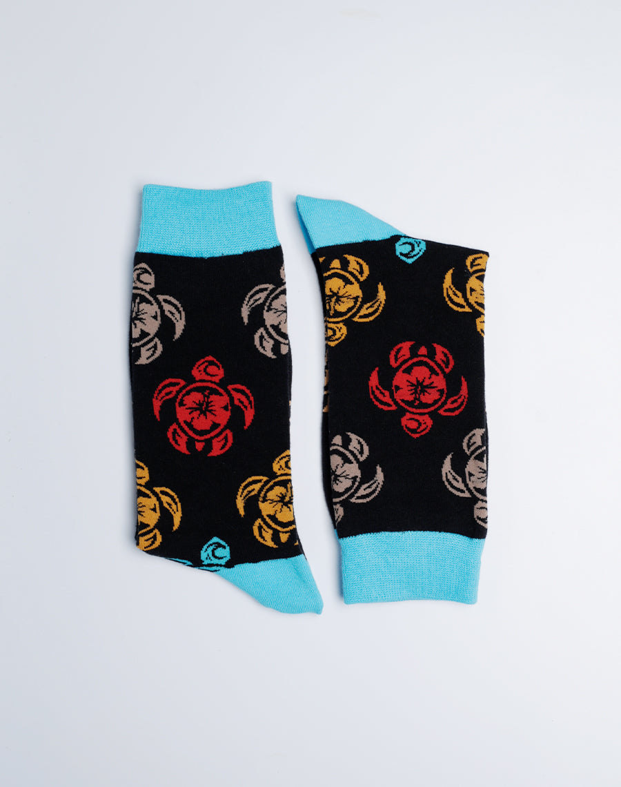 Men's Tribal Turtle Tropical Crew Socks - Black color - Just Fun Socks