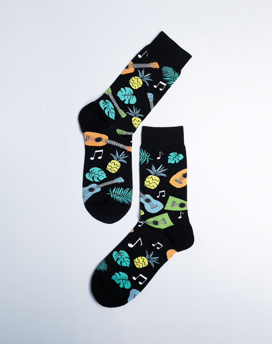 Men's Tropical Ukulele Crew Socks - Black Color Cotton made