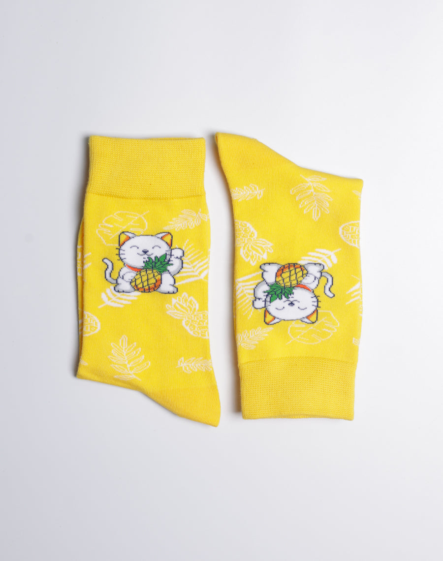 Women's Pineapple Prosperity Cat Crew Socks