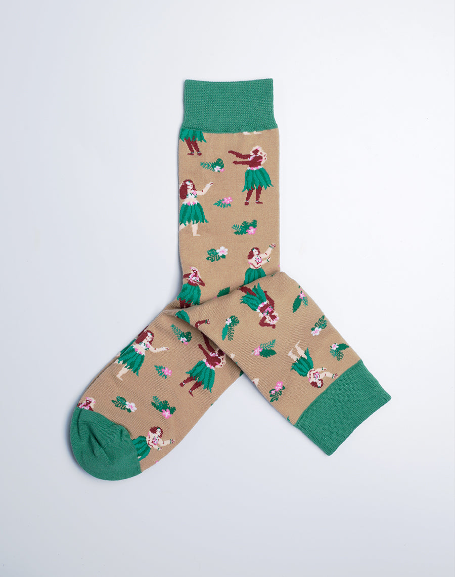 Hawaii Hula Cotton Made Socks - Tan and Green Color Hawaii Socks for Women
