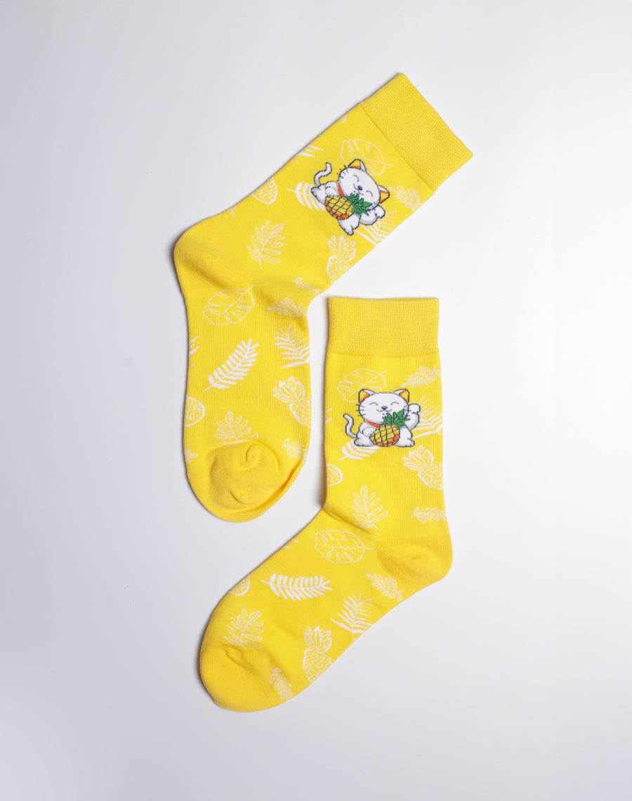 Women's Pineapple Prosperity Cat Crew Socks