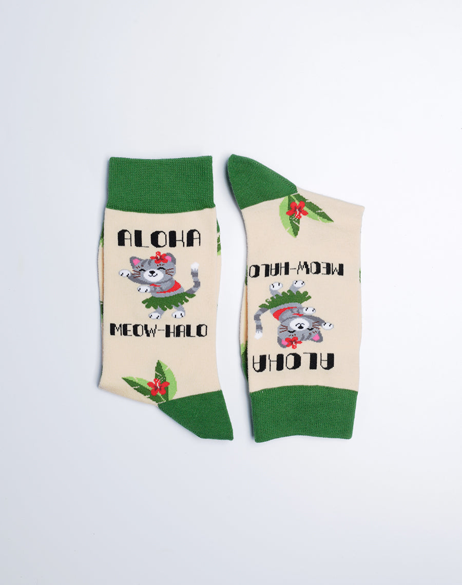 Cute Aloha Cat Printed Socks - Hawaiian Themed - Tan and Green Socks