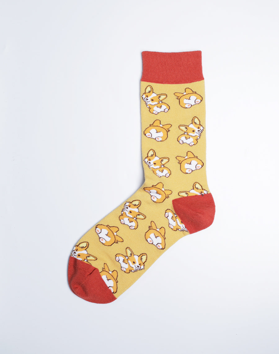 Corgi Love Dog Crew Socks for Women - Cute Corgi Butt Print Socks - Red Gold Color - Cotton made