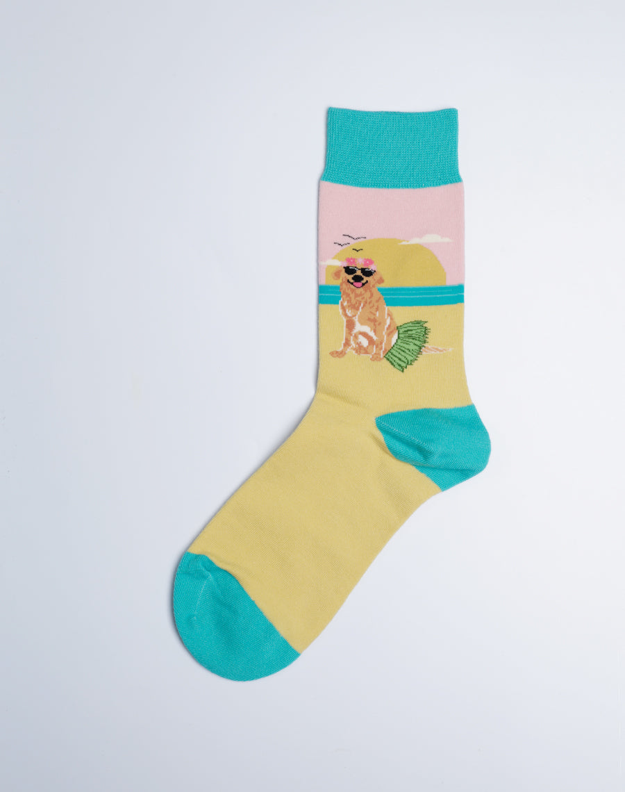 Women's Beach Dog Crew Socks - Gold Pink Turquoise Color Socks