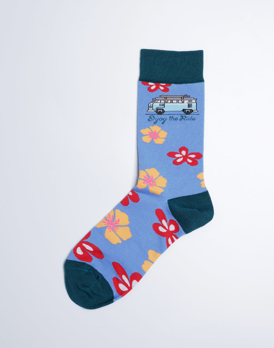 Enjoy the Ride Beach Crew Socks (Purple) - Hawaiian Island Bliss Crew socks Pack - Cotton Made and Machine Washable Printed Socks for Ladies