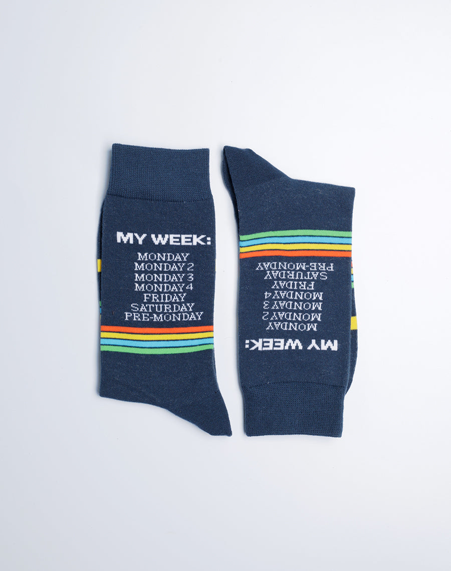 My Week Monday Funny Crew Socks - Navy Blue Color  - Everyday Casual Socks for Men