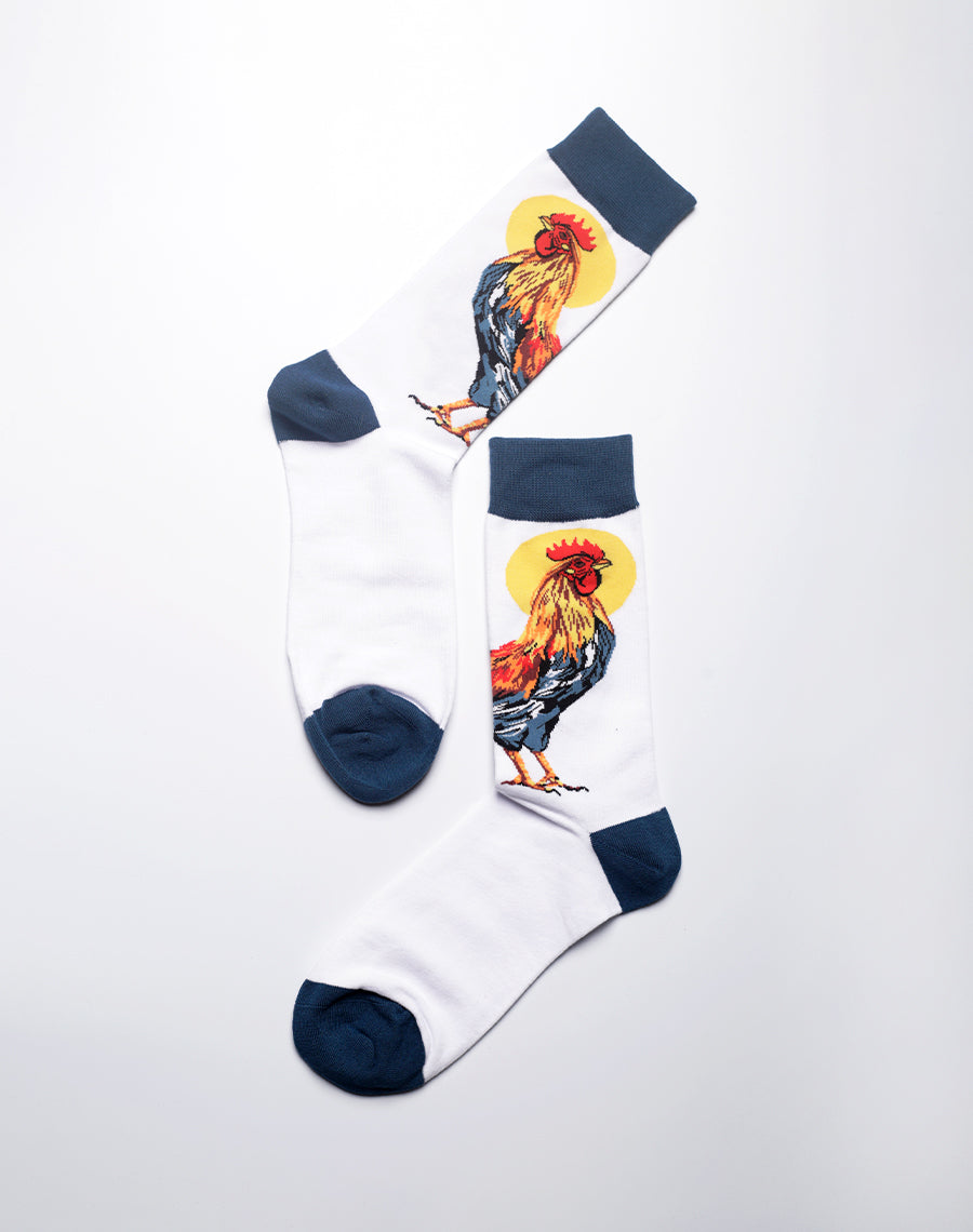 Farm animal themed socks featuring bold rooster illustration for men and women