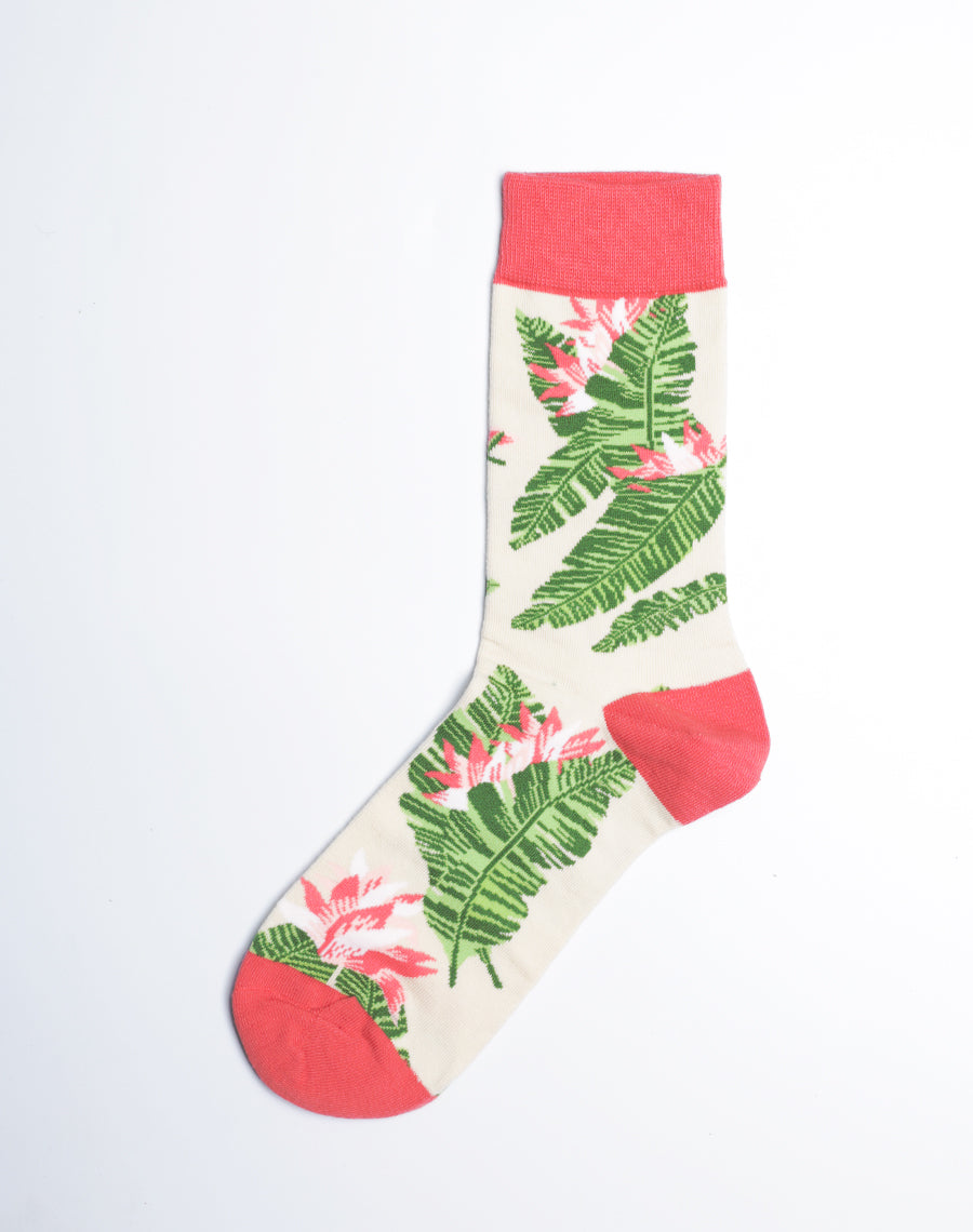 Cotton made Floral Printed Sand Color Crew Socks for Women