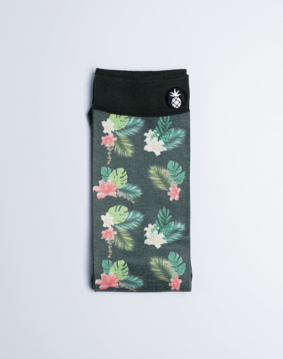 Green Color Floral Printed Tropical Crew Socks - Unisex - Flower Print