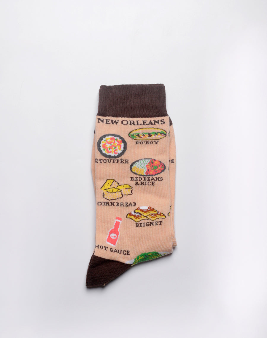 Fun beige crew socks inspired by New Orleans street food culture