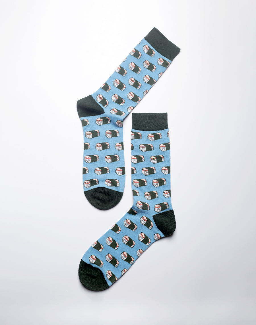 Fun food themed socks inspired by Hawaiian spam musubi