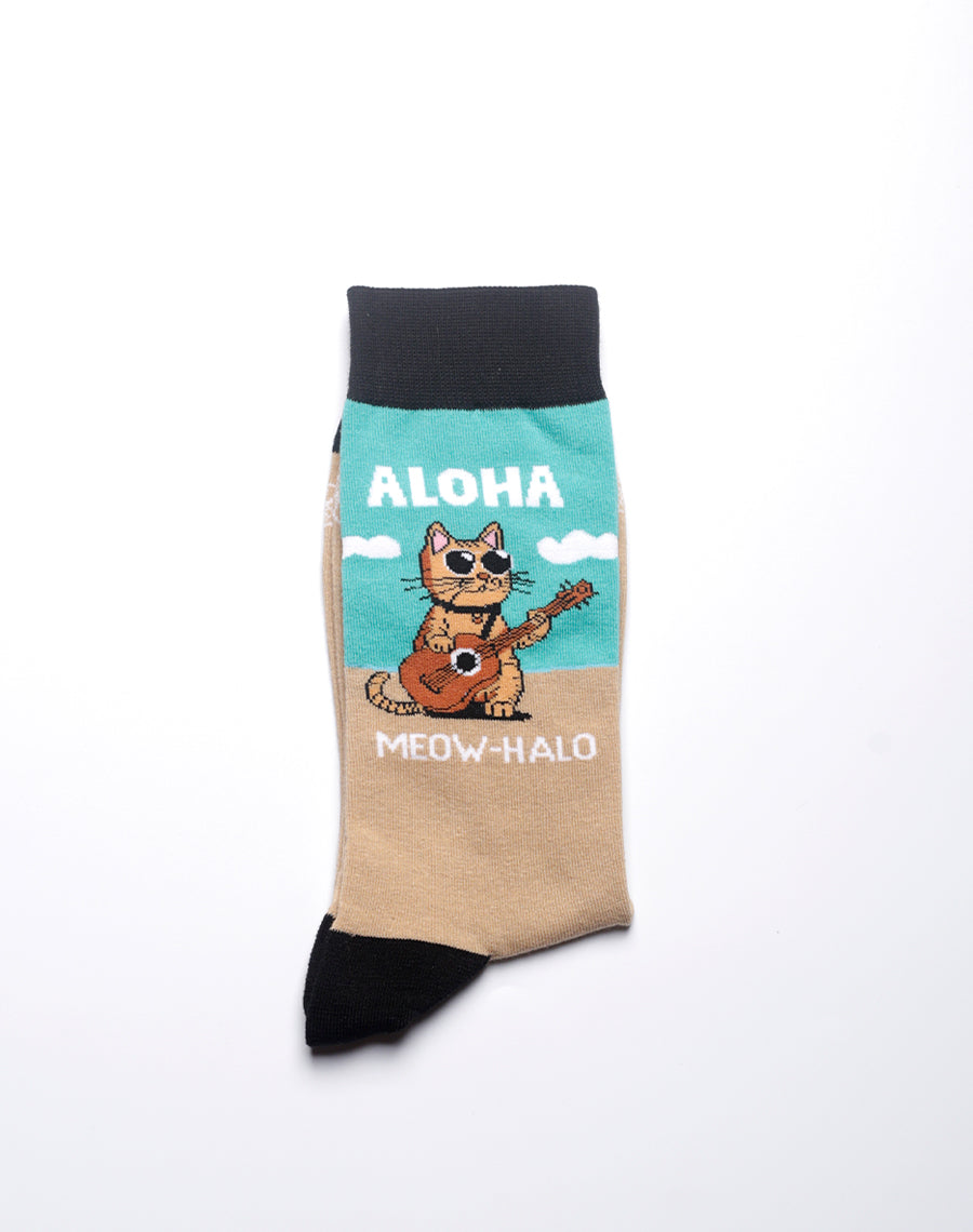 Fun tropical socks with musical cat design for men