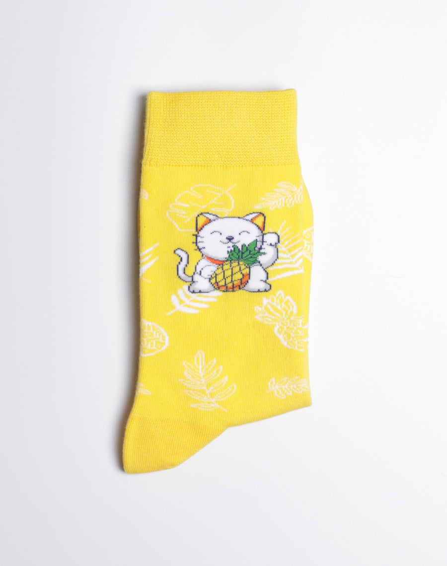 Women's Pineapple Prosperity Cat Crew Socks