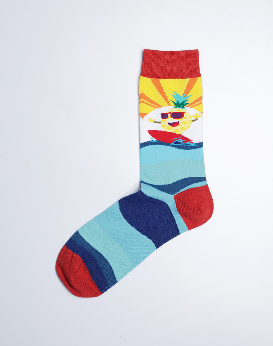 Men's Big Wave Pineapple Crew Socks (Red Multicolor) - Cotton Made - Hawaiian Socks Pack Collection