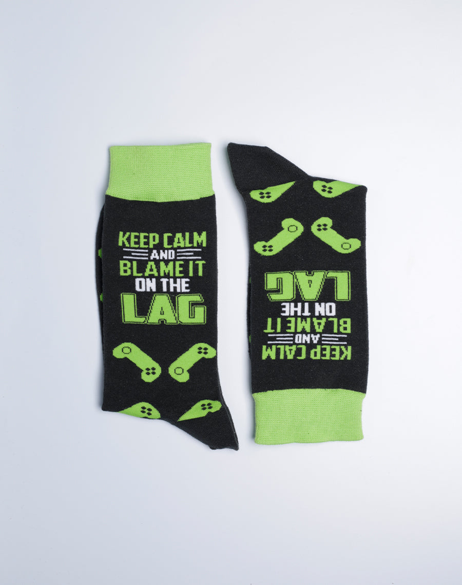 Gaming Socks for Men - Black Lime Color - Blame it on the Lag Printed Socks 