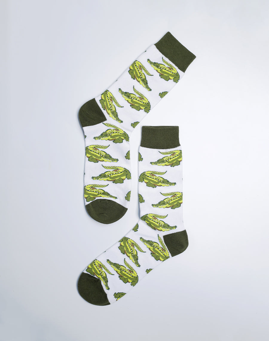 Cotton made animal socks - Alligator printed white color socks 
