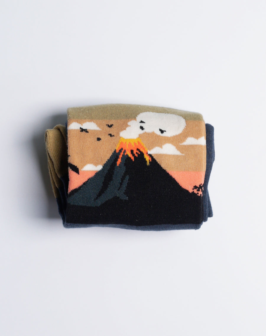 Comfortable and breathable men’s crew socks with a unique lava and volcano print, perfect for adventure lovers.