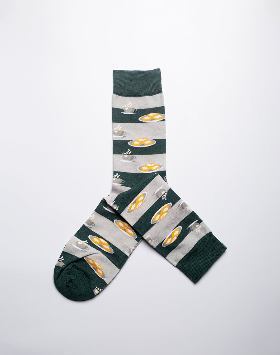 Green beignet and coffee crew socks with cozy design