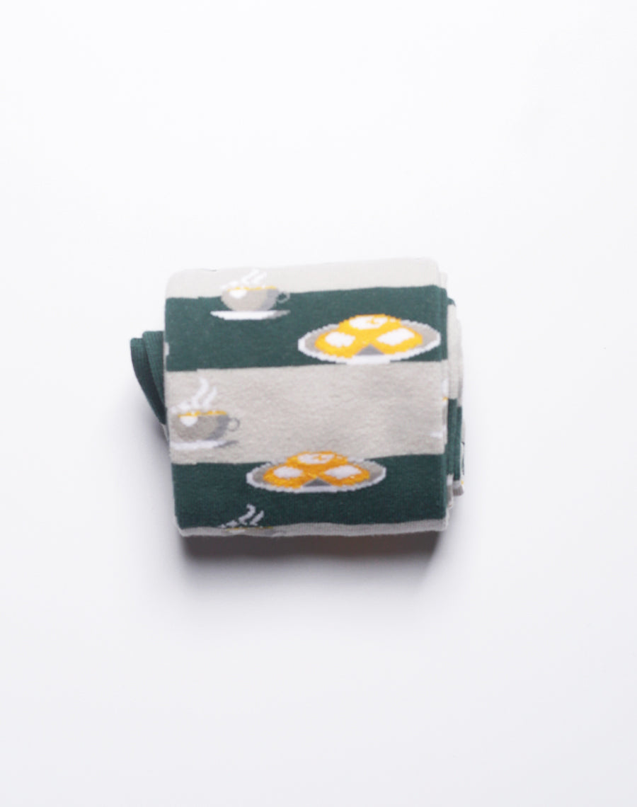 Green crew socks with dessert and coffee graphics