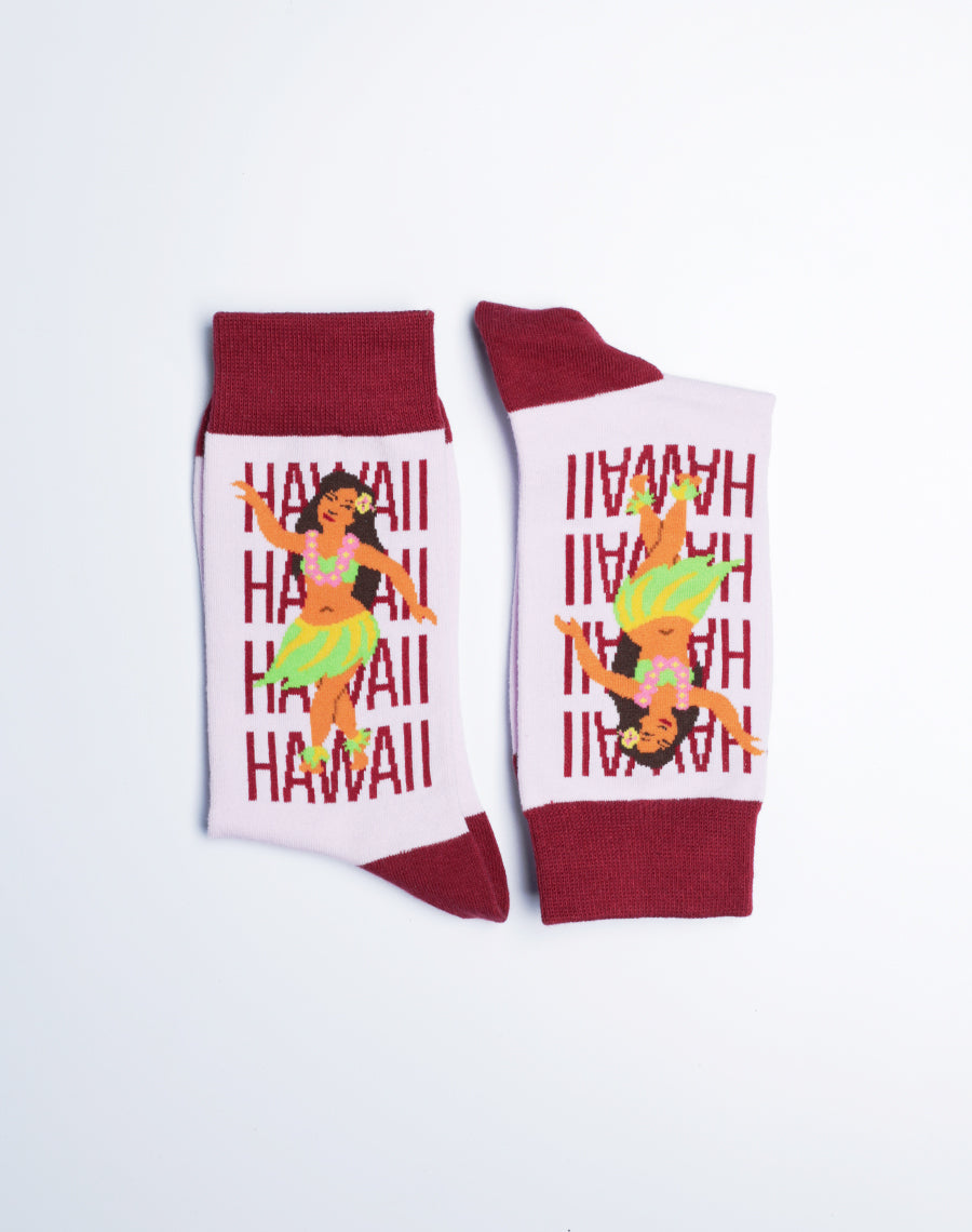 Women's Hawaii Hula Luau Crew Socks - Hawaii Dancer Print Socks - Light Pink
