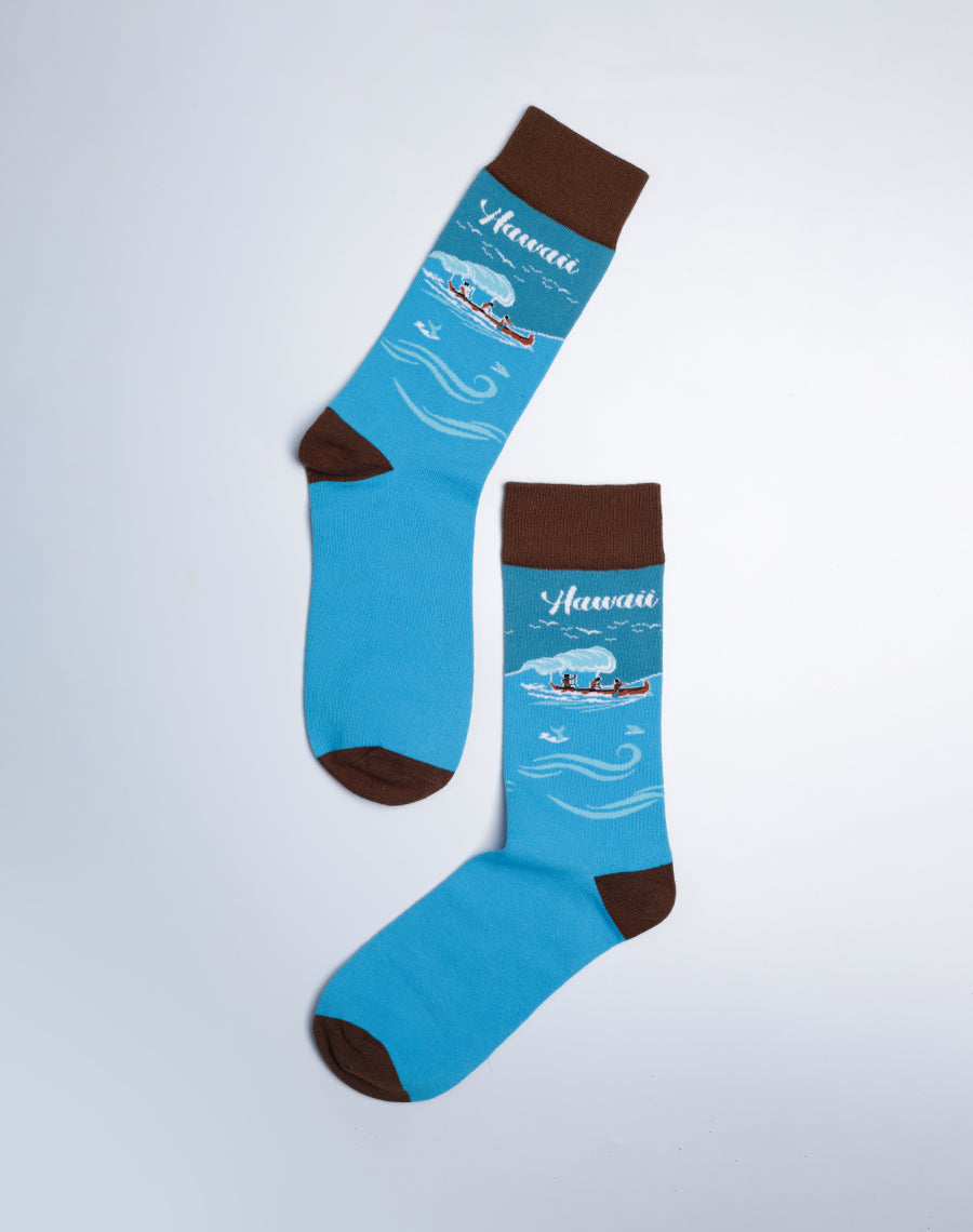 Men's Hawaii Outrigger Crew Socks - Blue Color - Just Fun Socks