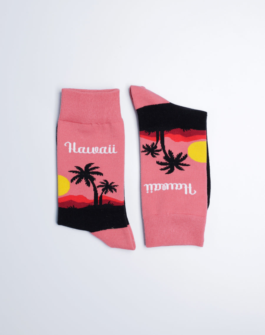 Pink and Black Hawaii Theme Tropical Crew Socks for Women