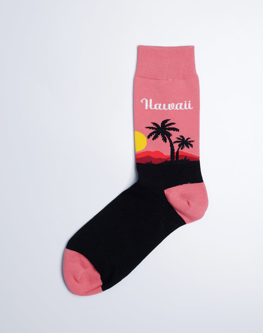 Womens Hawaii Palm Tropical Crew Socks - Pink Color - Cotton Made Socks