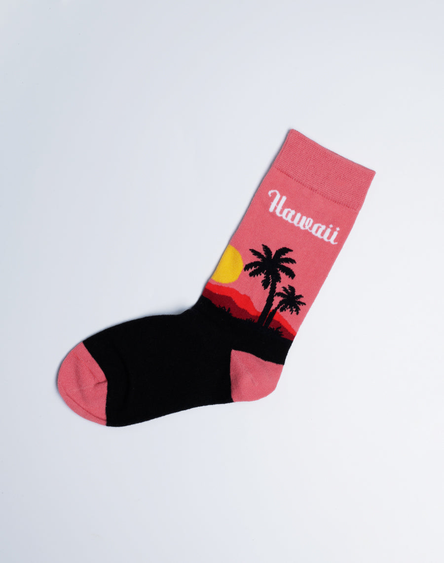 Kids Hawaii Palm Tropical Crew Socks - Pink/Black Tropical Comfy socks