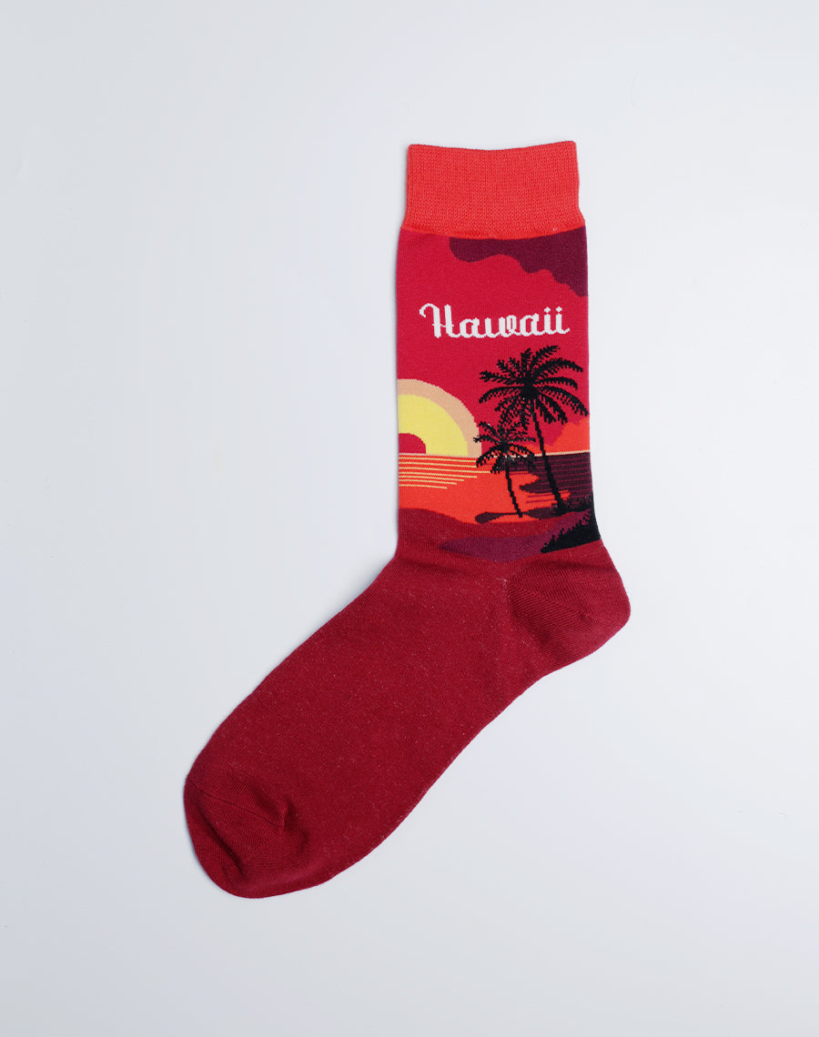 Red and Burgundy Color Hawaii Sunset Crew Socks for Men - Cotton Made