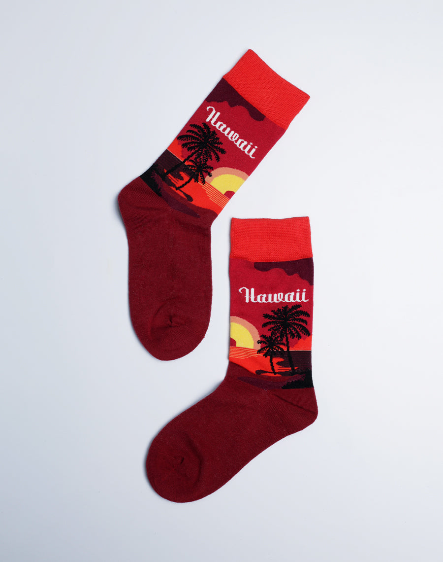 Kids Hawaii Sunset Tropical Crew Socks - Red Color Cotton Socks 