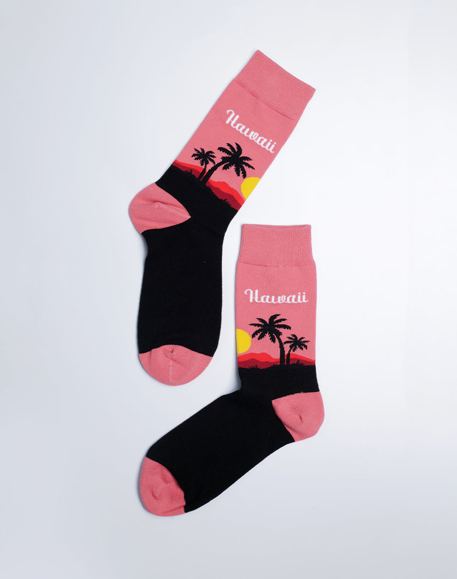 Pink and Black Color Hawaii Printed Tropical Crew socks for Women