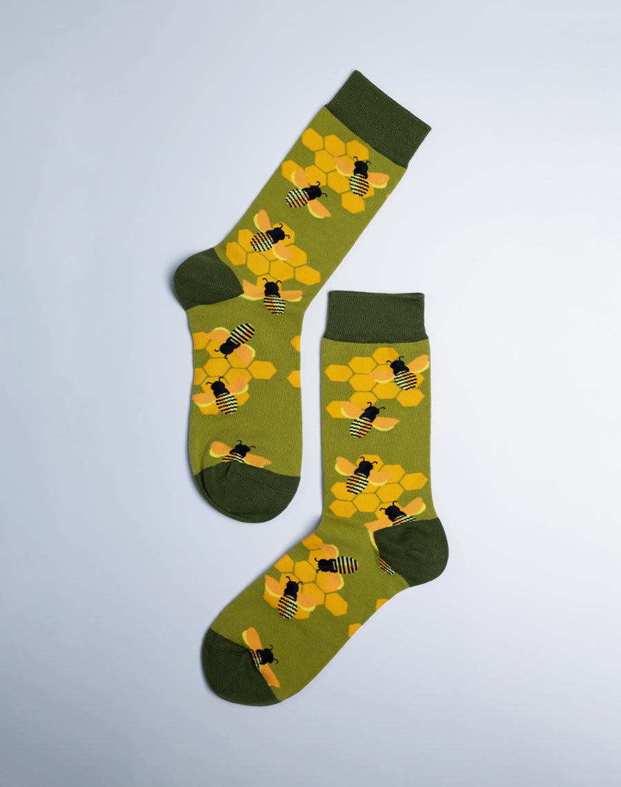 Green Color Socks with Yellow Honeybee Printed design - Cotton Made Socks