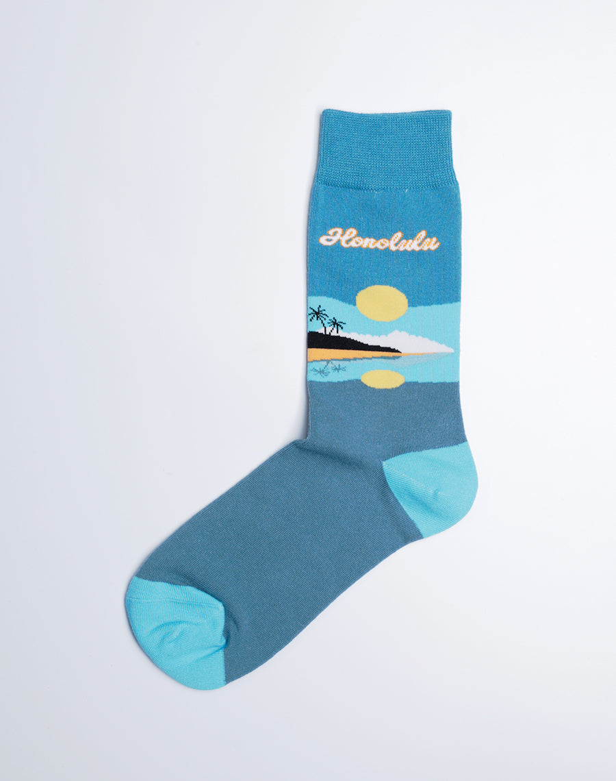 Cotton Made Blue Color Honolulu Printed Tropical Socks
