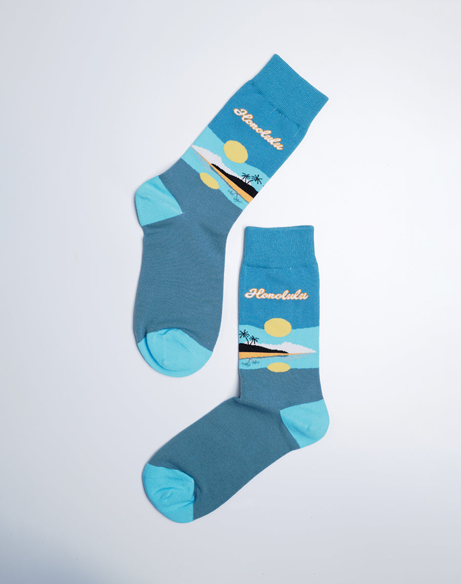 Blue Color Tropical Crew Socks for Women - Just Fun Socks - Honolulu Printed