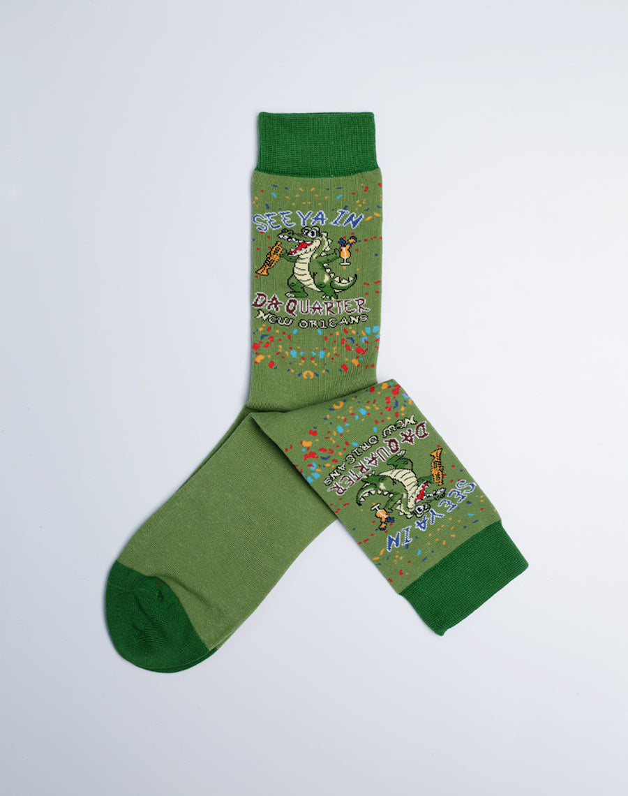 Men's In Da Quarter Party Alligator Crew Socks - Gator Printed Green Funny Socks