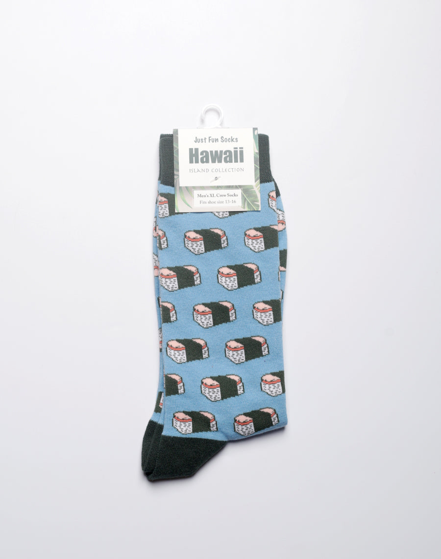 Island style blue socks featuring iconic Hawaiian snack