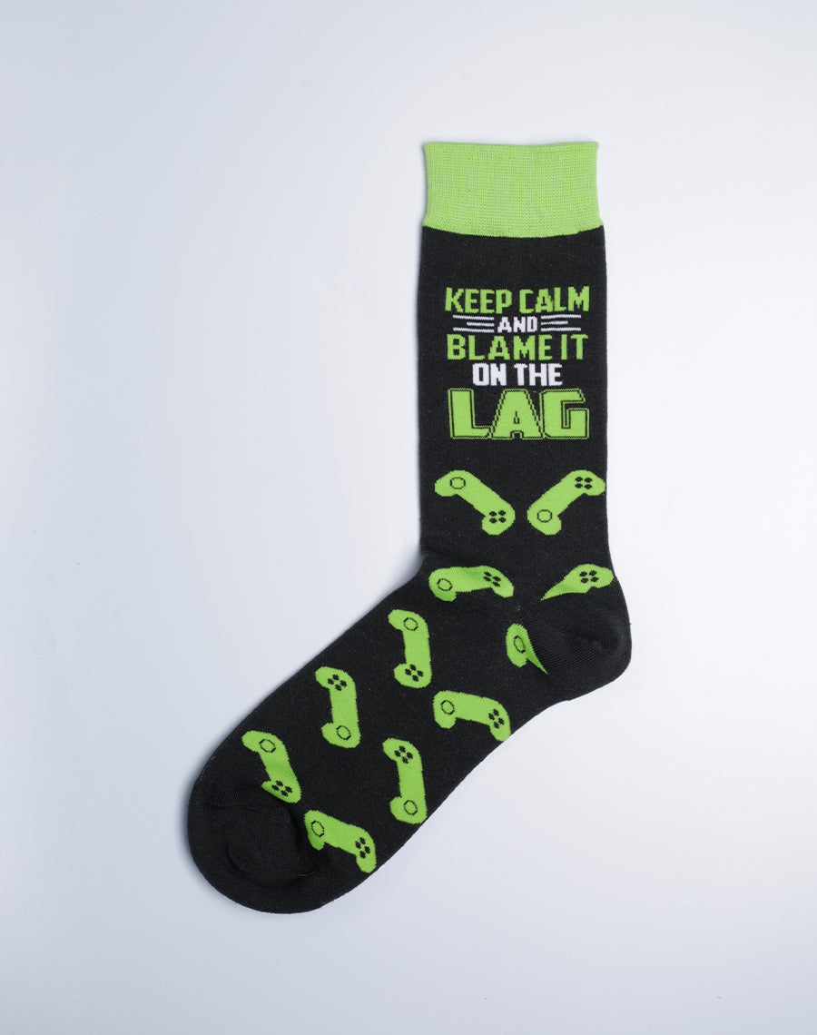 Keep Calm and Blame It on the Lag Crew Socks (Black & Green Color Socks) - Gaming Socks for Men