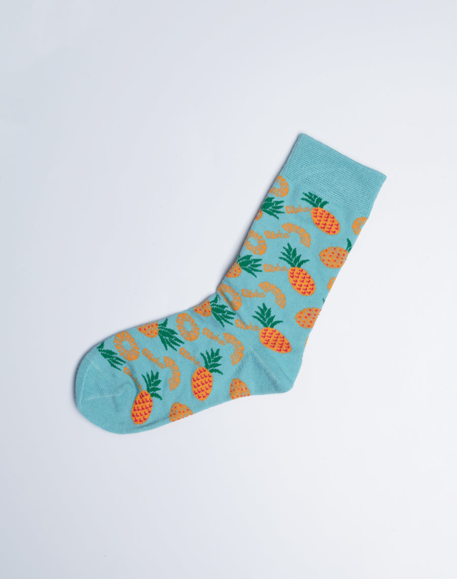 Light Blue Color Crew Socks with Pineapple Print for Kids - 3 Socks Pack