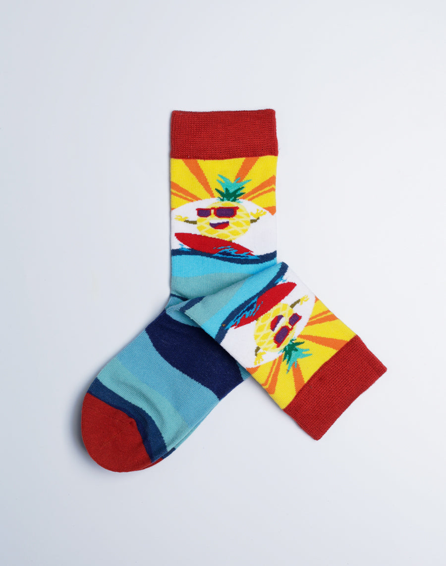 Big Wave Surfing Pineapple Multi Color Cotton made Crew Socks for Kids